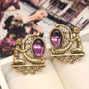 Vintage Estate Ancient Egyptian Warrior Harp Gold Statement Earrings